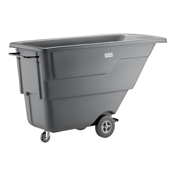 A gray Lavex tilt truck or trash cart with a 1 cubic yard capacity and two large rear wheels and two smaller front casters.