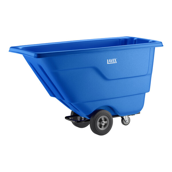A blue Lavex tilt truck or trash cart with a 0.5 cubic yard capacity and wheels for easy transport.