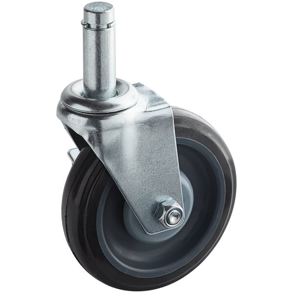 A Regency black polyurethane shelving stem caster with a metal and black wheel.