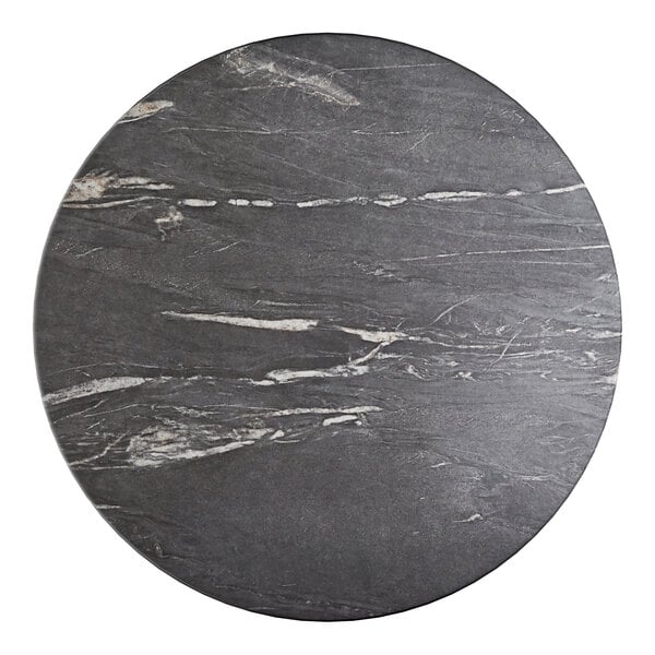 A round 36-inch table top with a smooth, dark Letizia finish and subtle white veining.