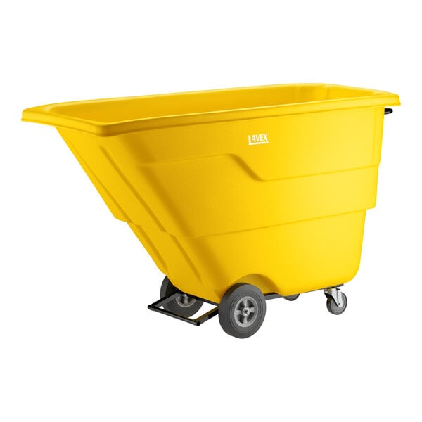 A yellow light-duty tilt truck or trash cart with a 1 cubic yard capacity and wheels for easy transport.