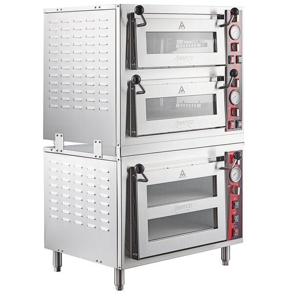 A large silver Avantco countertop pizza oven with two doors and knobs.