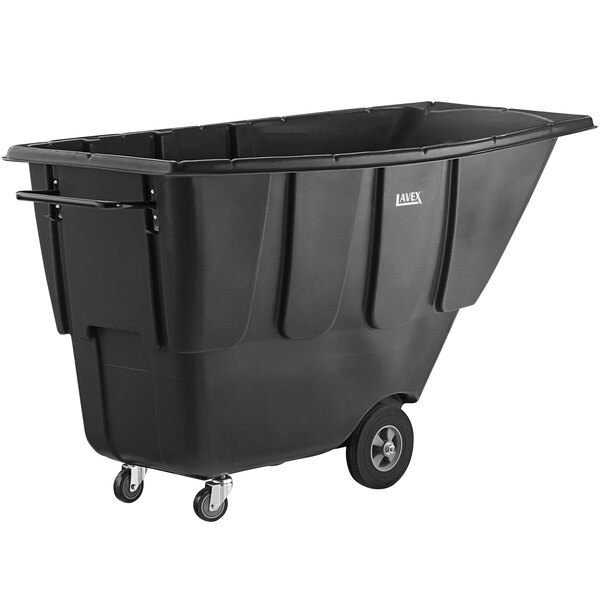 A black plastic bin on wheels.