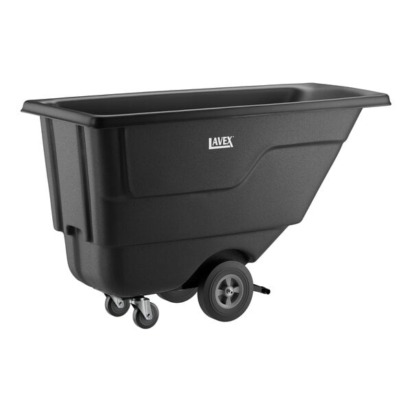 A black Lavex tilt truck or trash cart with a 0.5 cubic yard capacity and four wheels.