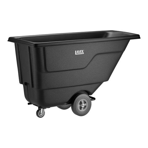 A black Lavex tilt truck or trash cart with a 0.5 cubic yard capacity and large wheels, designed to hold up to 300 pounds.