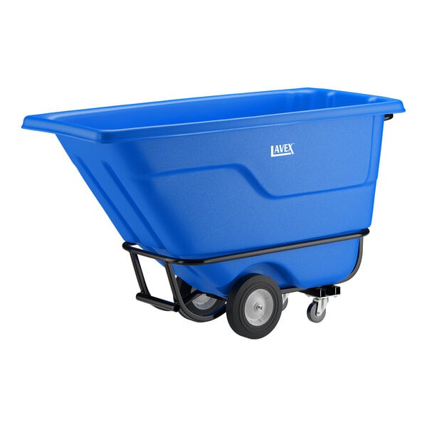 A blue heavy-duty tilt truck or trash cart with a large rectangular bin and sturdy wheels.