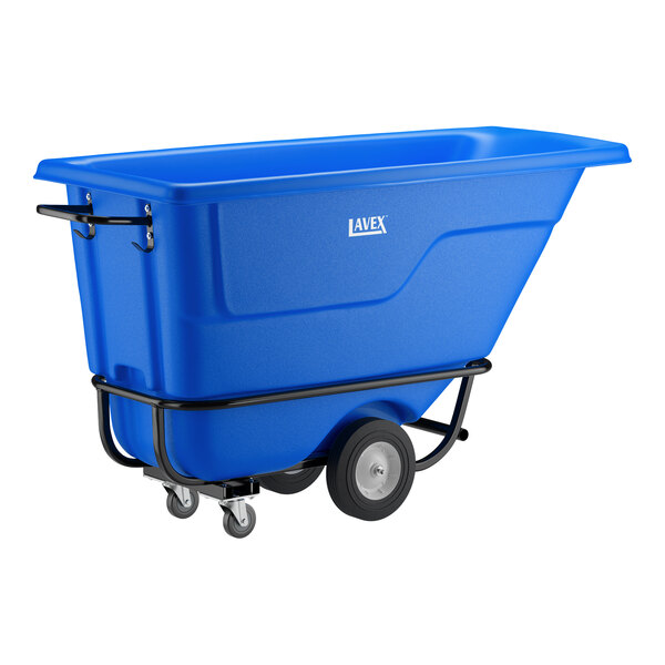 A blue heavy-duty tilt truck or trash cart with a 0.5 cubic yard capacity and wheels, designed for transporting large loads.