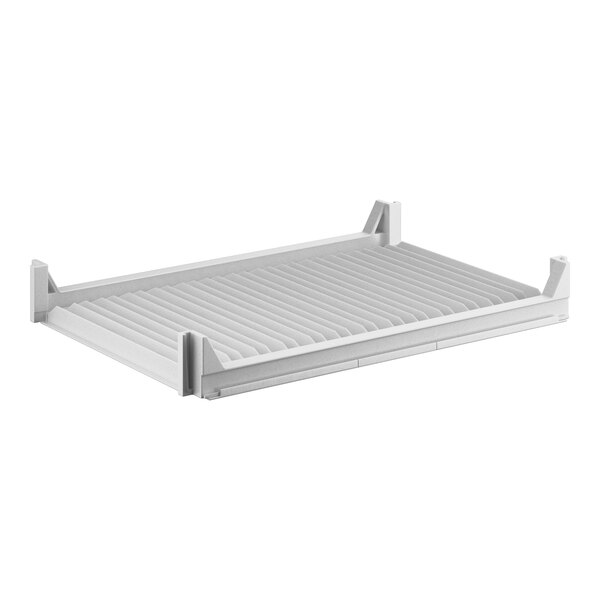 A white plastic shelf with metal slats.