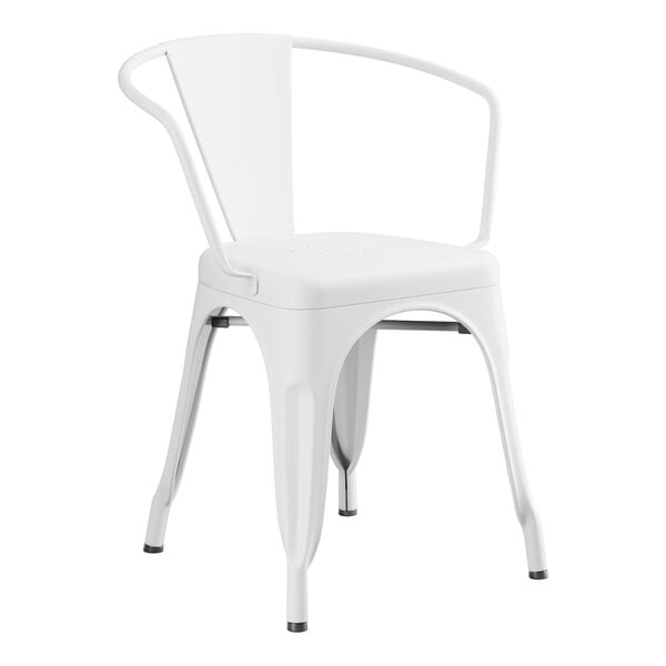 A Lancaster Table & Seating white metal outdoor arm chair.