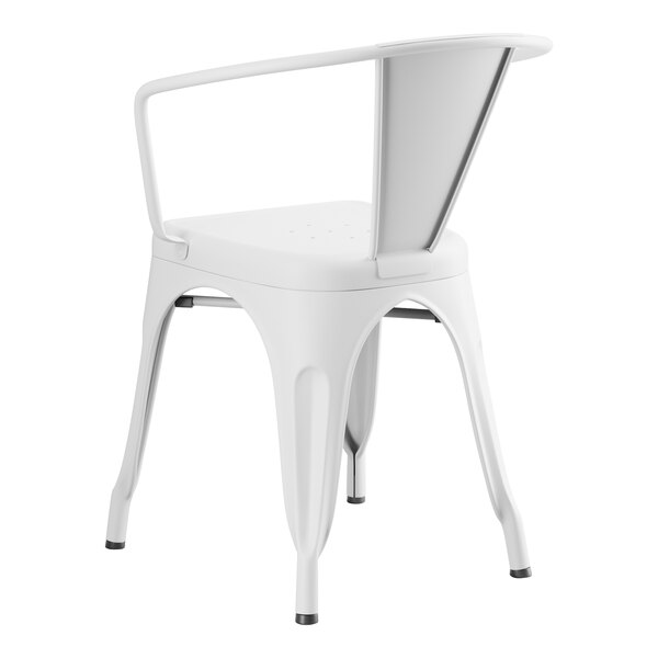 A Lancaster Table & Seating white metal outdoor arm chair with a back and armrests.