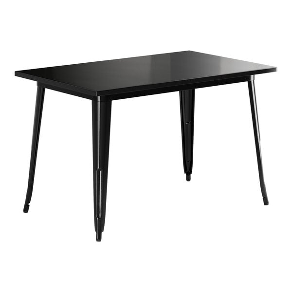 A Lancaster Table & Seating Alloy Series 48" x 30" Onyx Black Standard Height Outdoor Table, a black rectangular table with legs.