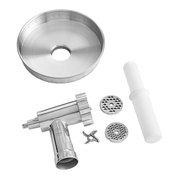 A silver metal Estella meat grinder attachment with a screw.