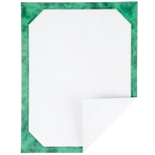 A white rectangular paper with a green border and a marble design.