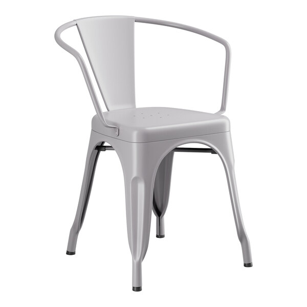 A gray metal Lancaster Table & Seating outdoor arm chair with arms and a back.