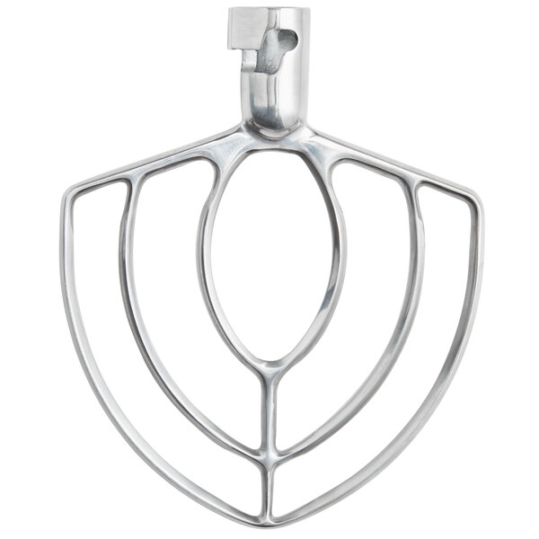 A silver metal flat beater attachment with a circular design on it.