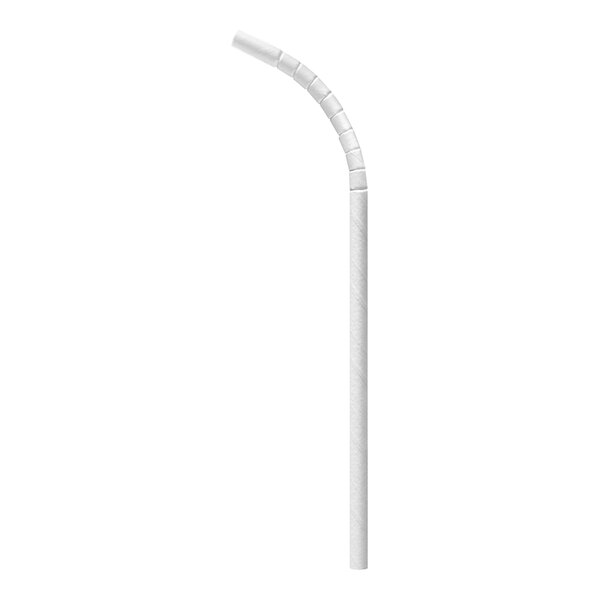 A white, flexible drinking straw with a bendable section near the top.