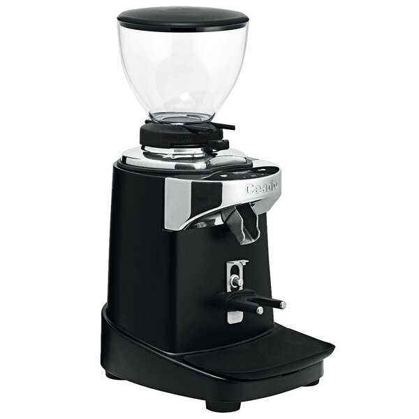 A black and silver Ceado espresso grinder on a counter in a coffee shop.