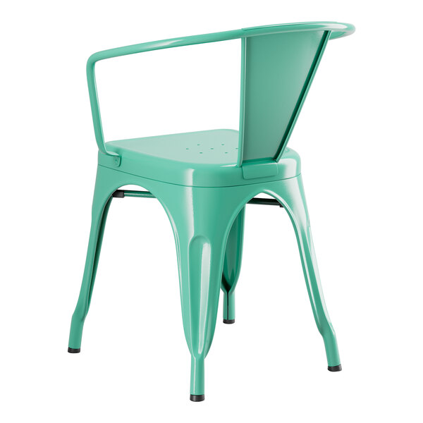 A turquoise metal Lancaster Table & Seating outdoor arm chair with a backrest and arms.