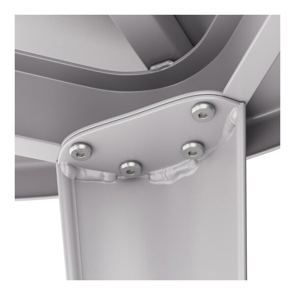 The underside of a Lancaster Table & Seating Alloy Series bar height table with metal screws.