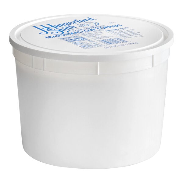 A large white plastic tub with a white lid featuring blue text and a barcode.