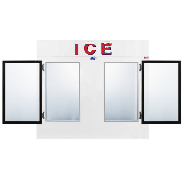 A black rectangular indoor ice merchandiser with straight glass doors and a white border.