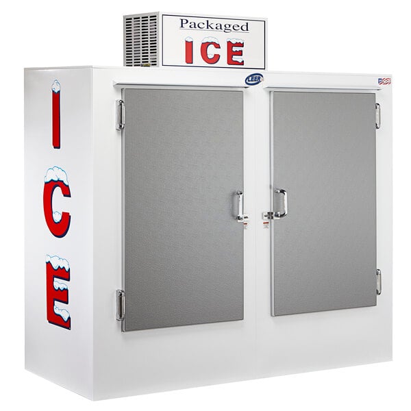 A white Leer outdoor ice merchandiser with galvanized steel doors.