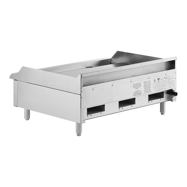 An Avantco stainless steel countertop gas griddle with a lid.