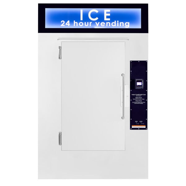 A white door on a Leer ice vending machine with a blue sign.