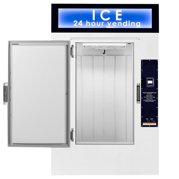A white Leer ice vending machine with a door open.