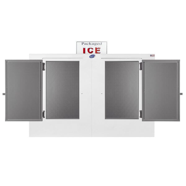 A white Leer ice merchandiser with two galvanized steel doors with windows.