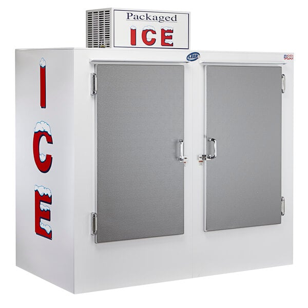 A white Leer ice merchandiser with galvanized steel doors and ice inside.