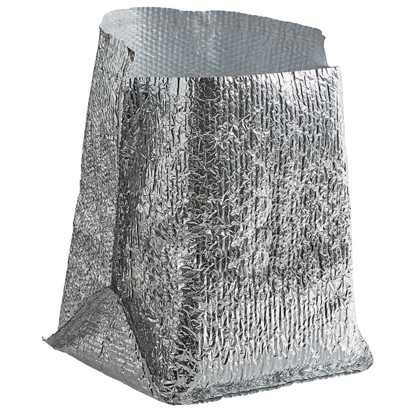 A silver foil Lavex bag for insulated boxes with a zipper.