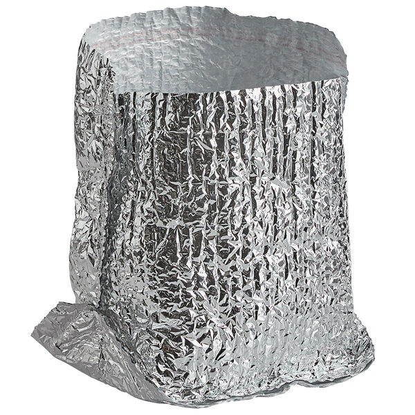 A silver foil bag with a white background.