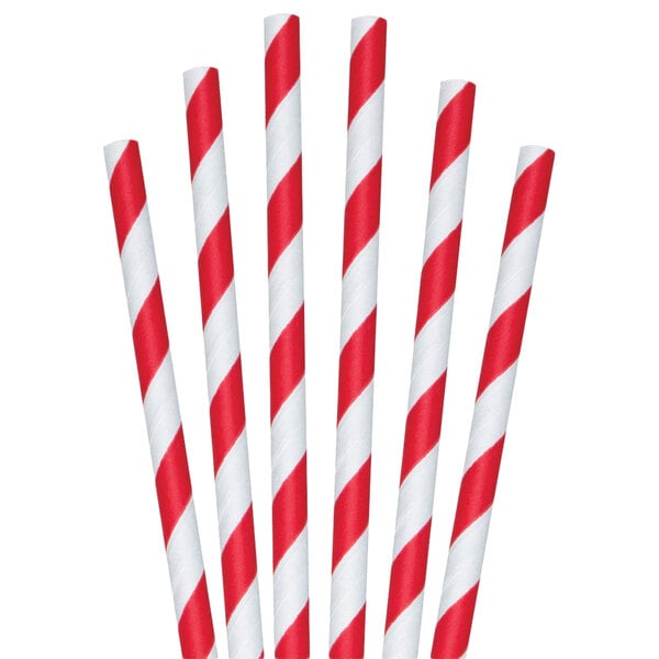 A group of Aardvark red and white striped paper straws.