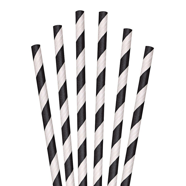 A group of Aardvark black and white striped paper straws.
