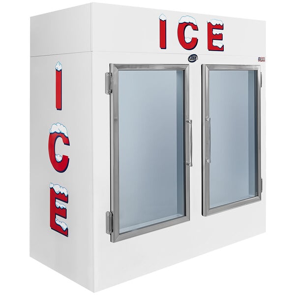 A white refrigerator with glass doors.