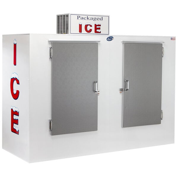 A white ice merchandiser with galvanized steel doors.