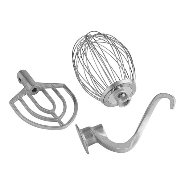 The standard accessories for a Centerline 20 qt. planetary stand mixer, including a hook, paddle, and whisk.