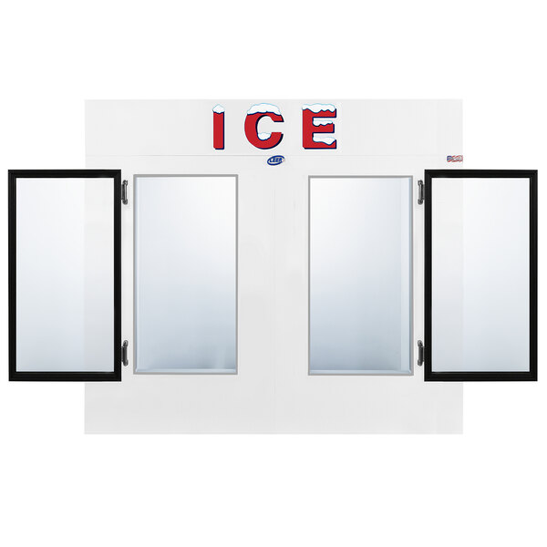 A Leer indoor ice merchandiser with two glass doors and a straight front.