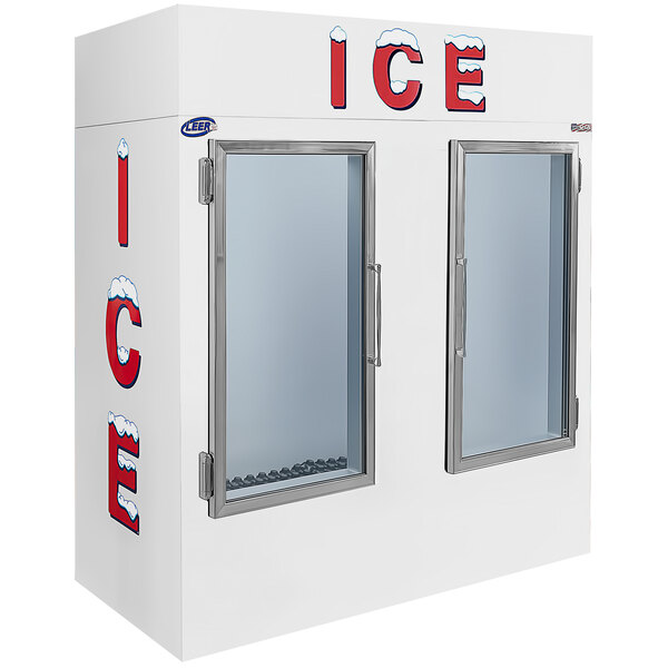 A white Leer ice merchandiser with two glass doors.