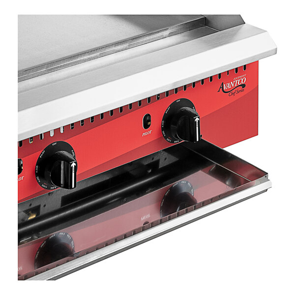 An Avantco countertop gas griddle with thermostatic controls.