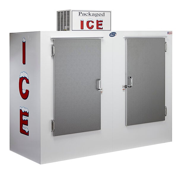 A white ice merchandiser with two galvanized steel doors.