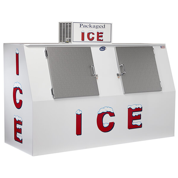 A grey rectangular ice merchandiser with galvanized steel doors.