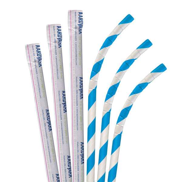 A close-up of three Aardvark blue and white striped paper straws.