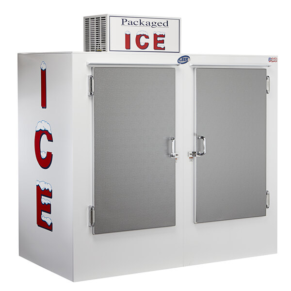 A white Leer ice merchandiser with galvanized steel doors.