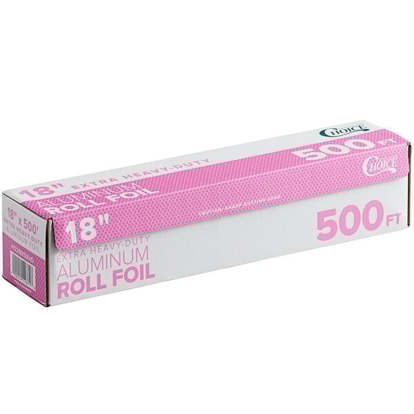 A white box with a pink cover for Choice Food Service Extra Heavy-Duty Aluminum Foil Roll.