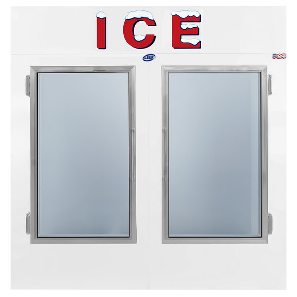 A Leer indoor ice merchandiser with two glass doors.