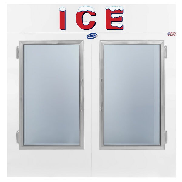 A Leer ice merchandiser with two glass doors.