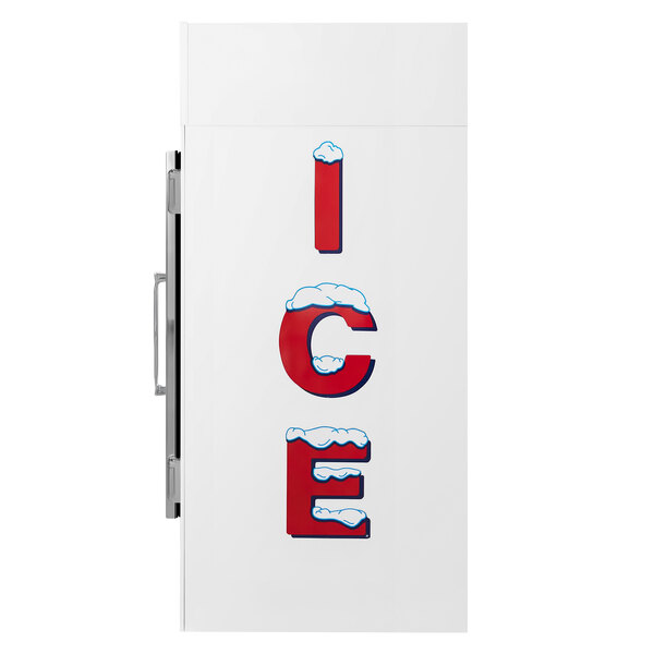 A white Leer indoor ice merchandiser with red and blue "Ice" letters and snow on top.