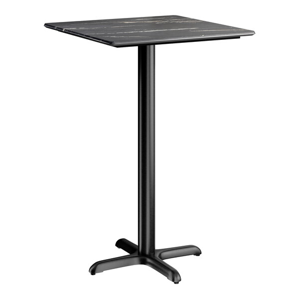 A square bar height table with a black smooth finish top and a black cross base plate.